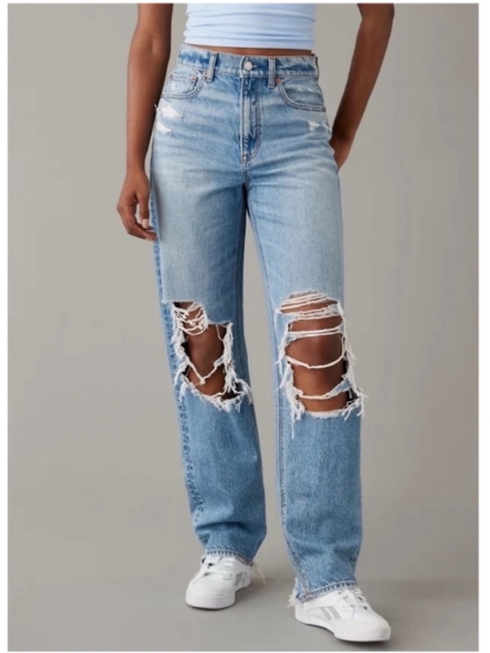American Eagle Super High Rise Baggy Wide Leg Jeans Light Distressed Denim 16